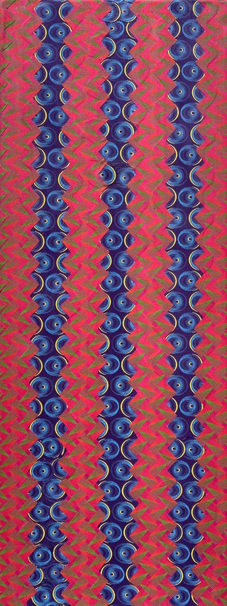 Cosmic Volume IV. 80 x 30 cm, 2022. 
Shweshwe -Textil-Collage on Canvas. 